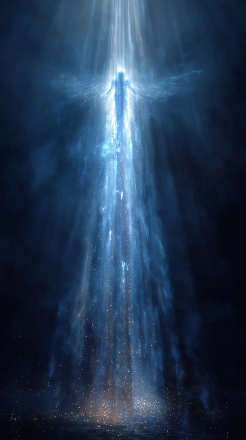 Ethereal glowing angel figure descending in a mystical blue light beam