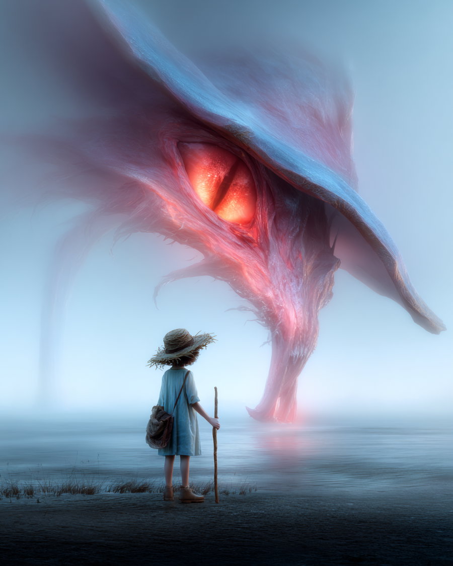 A child wearing a wide-brimmed hat and carrying a stick stands on a wet shore, facing a colossal red-eyed mystical creature with a large hat-like structure, amidst a foggy blue environment