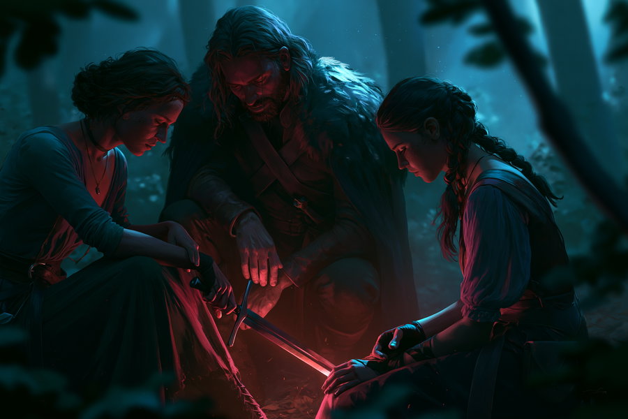 A dark forest scene depicting three characters in medieval clothing gathered around a glowing sword, illuminated by blue and red lighting