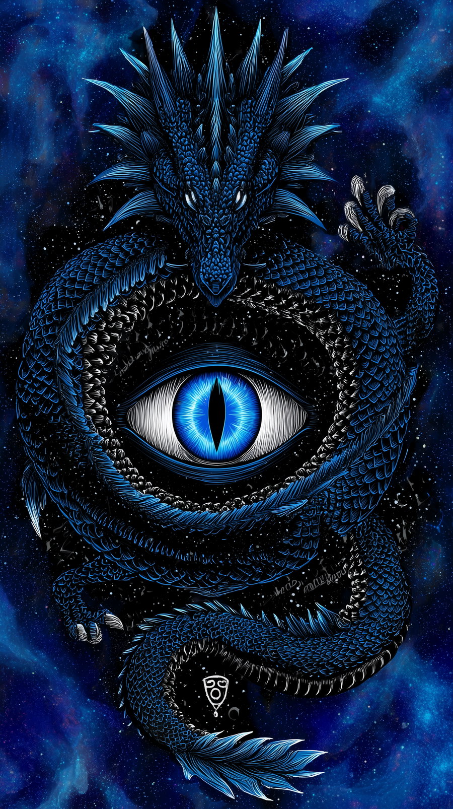 A detailed illustration of a blue scaled dragon with spiky features, coiled around a large blue eye with a vertical pupil, set against a dark starry space background with nebula clouds