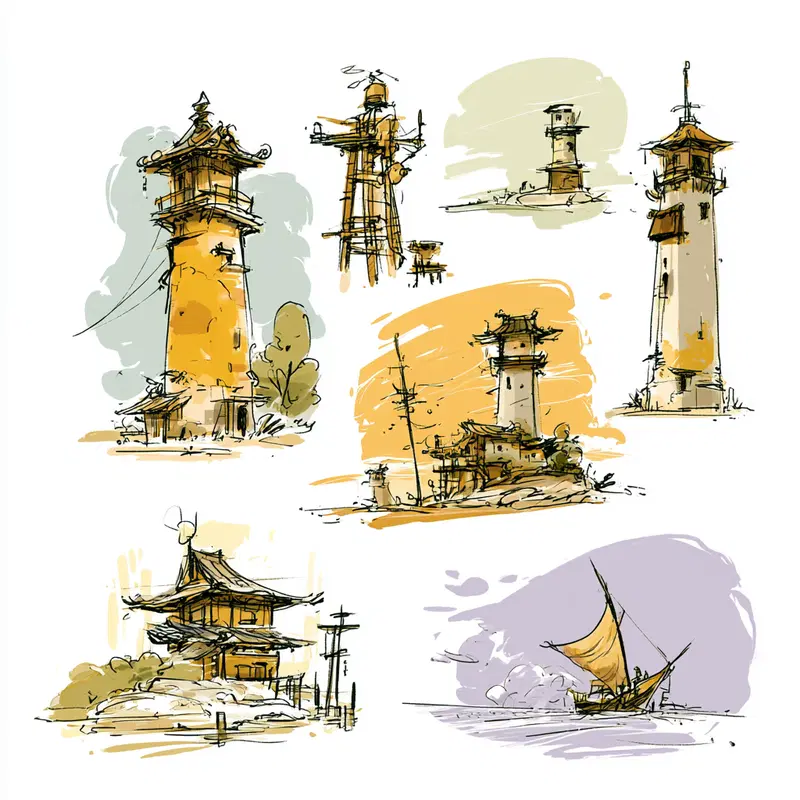 Artistic sketches of lighthouses and a sailboat with muted coastal tones