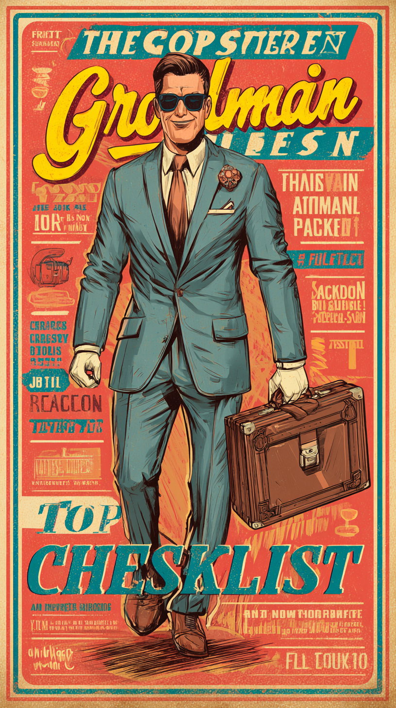 An illustrated man wearing a blue suit, sunglasses, and gloves walking forward holding a brown briefcase on a textured vintage background with bold retro text and graphic design elements.