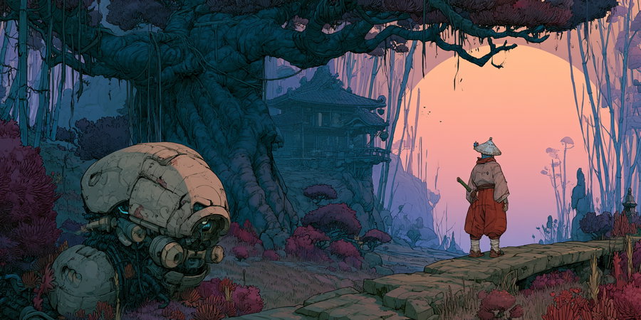 Illustration of a person in traditional Japanese clothing standing on a stone path with a sword, and a large robotic figure beside, set in a mystical forest with large trees, purple foliage, and a traditional Japanese building in the background under a large setting sun.