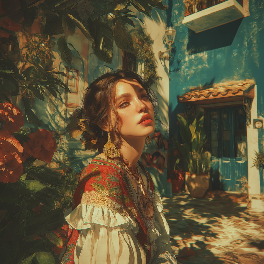 A woman dressed in vintage style with elaborate earrings and shawl, surrounded by flowers and plants, with dappled sunlight and blue building in the background.