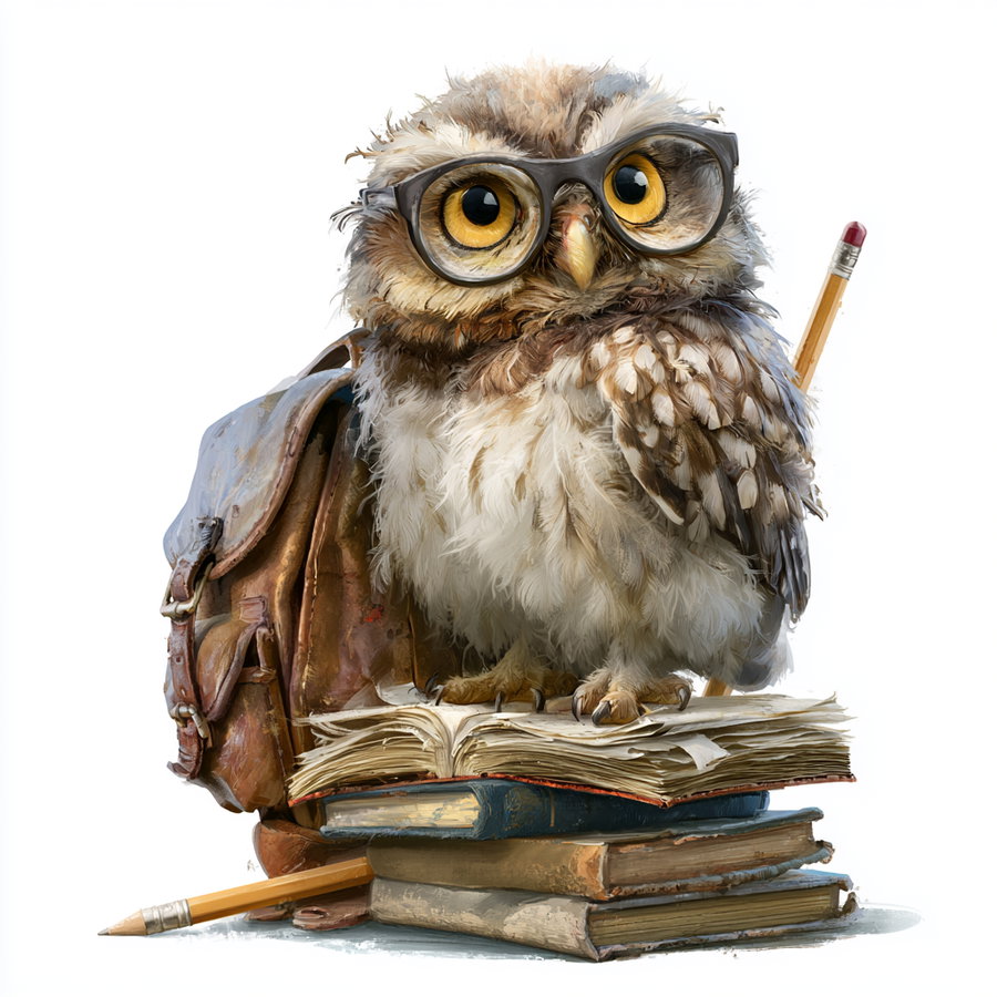A fluffy owl with large yellow eyes wearing dark glasses, sitting on an open book atop a stack of old books, with pencils and a leather backpack in the background, all against a white background.