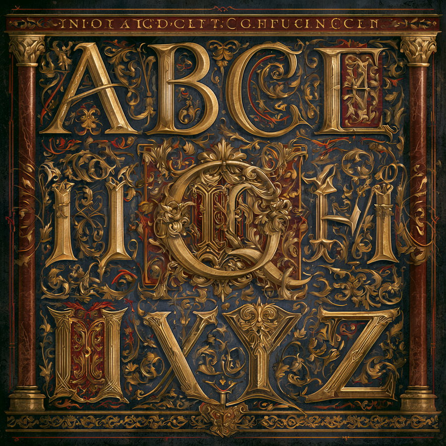 A decorative alphabet from A to Z in gold with elaborate floral and scrollwork patterns on a dark textured background framed by two marble columns
