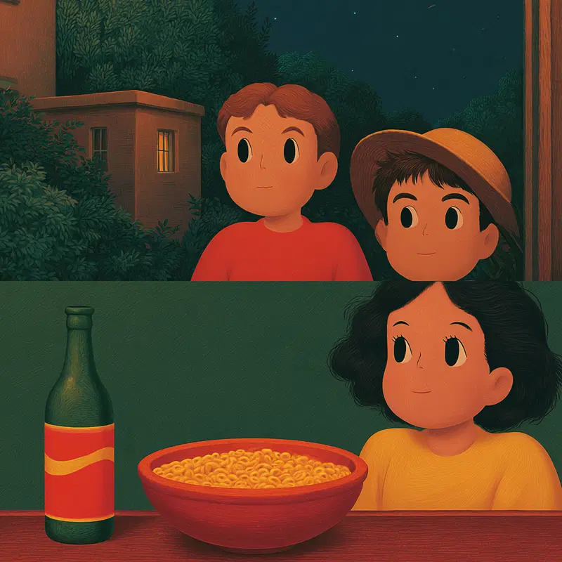 Aesthetic illustration of three characters in different settings with warm color tones