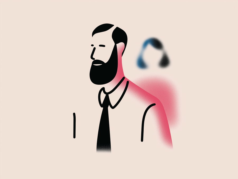 Simple minimalist illustration of a man with black beard and tie in the foreground and an abstract blurred woman figure in pink and blue tones in the background