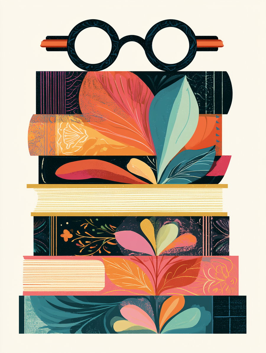 artistic stack of books with vibrant leaf motifs on covers and a pair of round black glasses resting on top