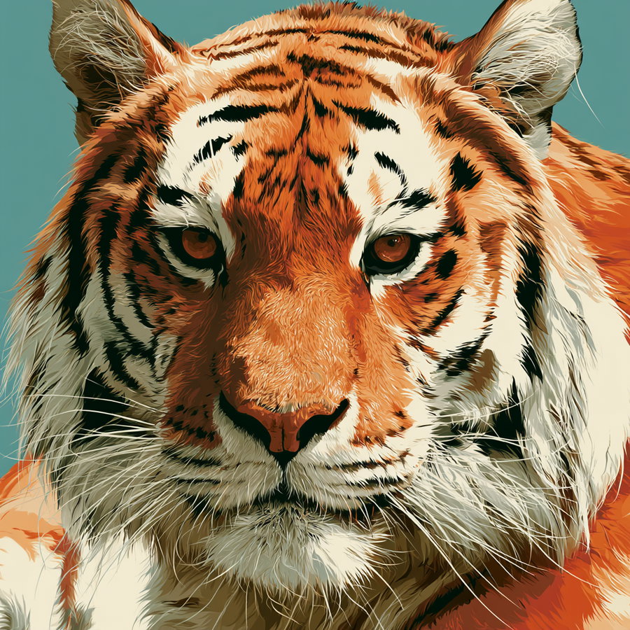 Close-up illustration of a tiger's face with detailed fur texture and vibrant shades of orange, white, and black against a muted teal background
