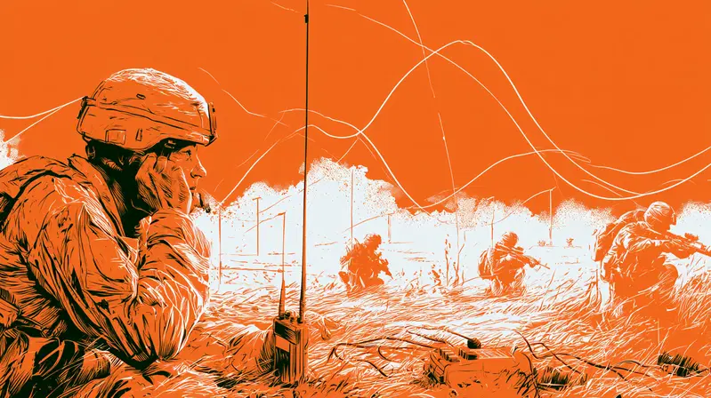 Illustration of Soldiers in Combat with Communication Equipment and Weapons