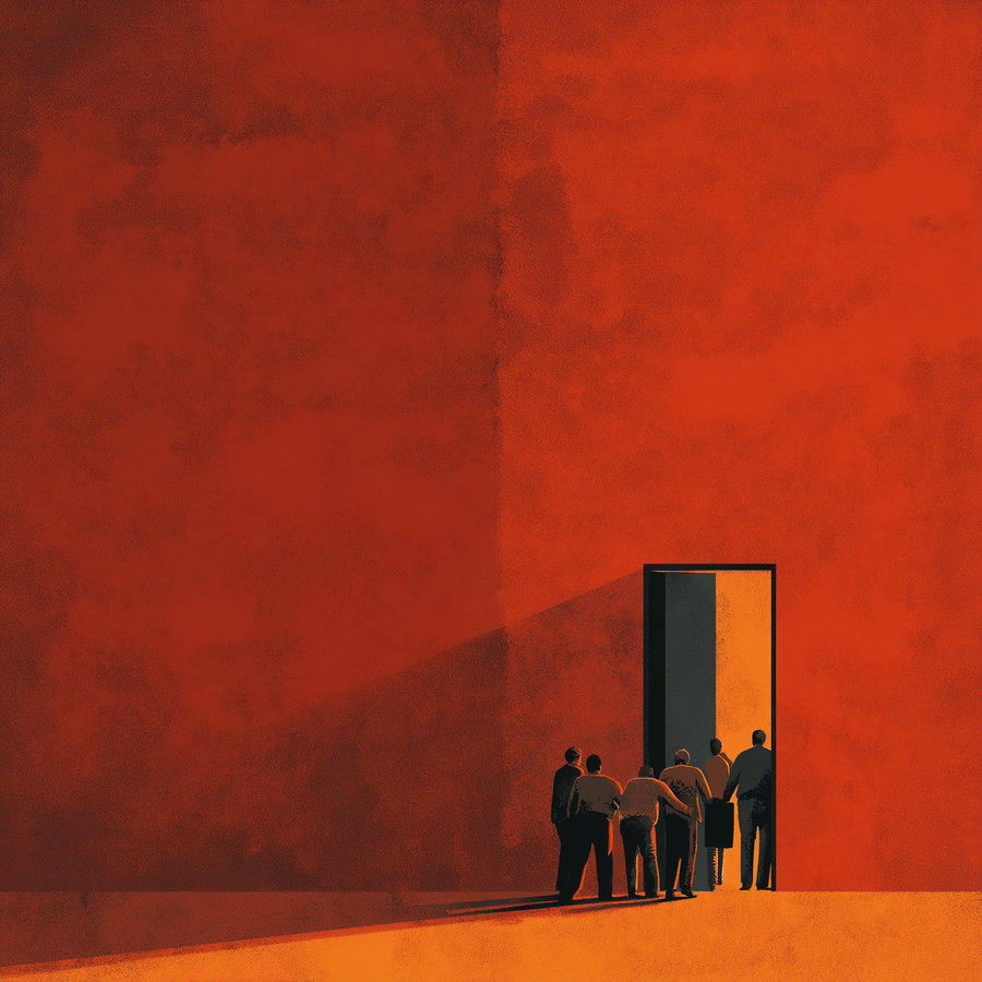A digital illustration showing six people standing together outside a tall open door with bright light coming through, set against a textured red background