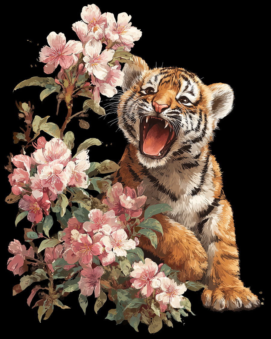 Illustration of a tiger cub yawning or roaring surrounded by blossoming pink flowers on a black background