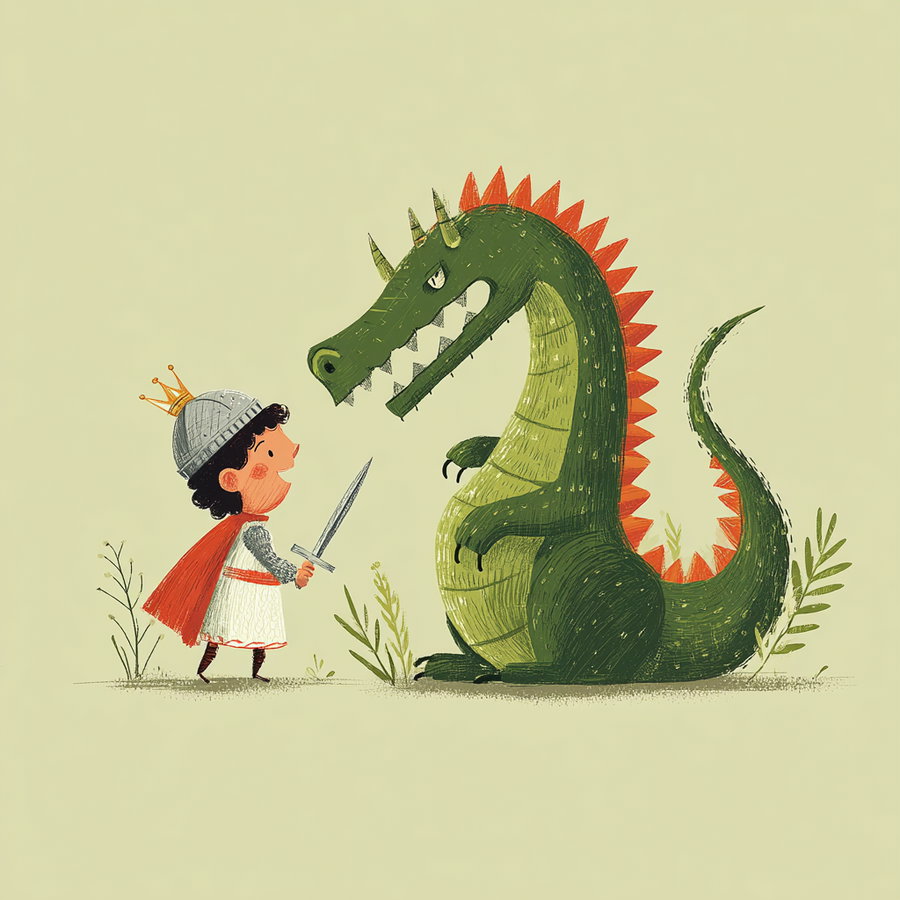 An illustration showing a young child dressed as a knight with a crown and a red cape holding a sword while facing a large green dragon with orange spikes, set against a light beige background with small plants around.