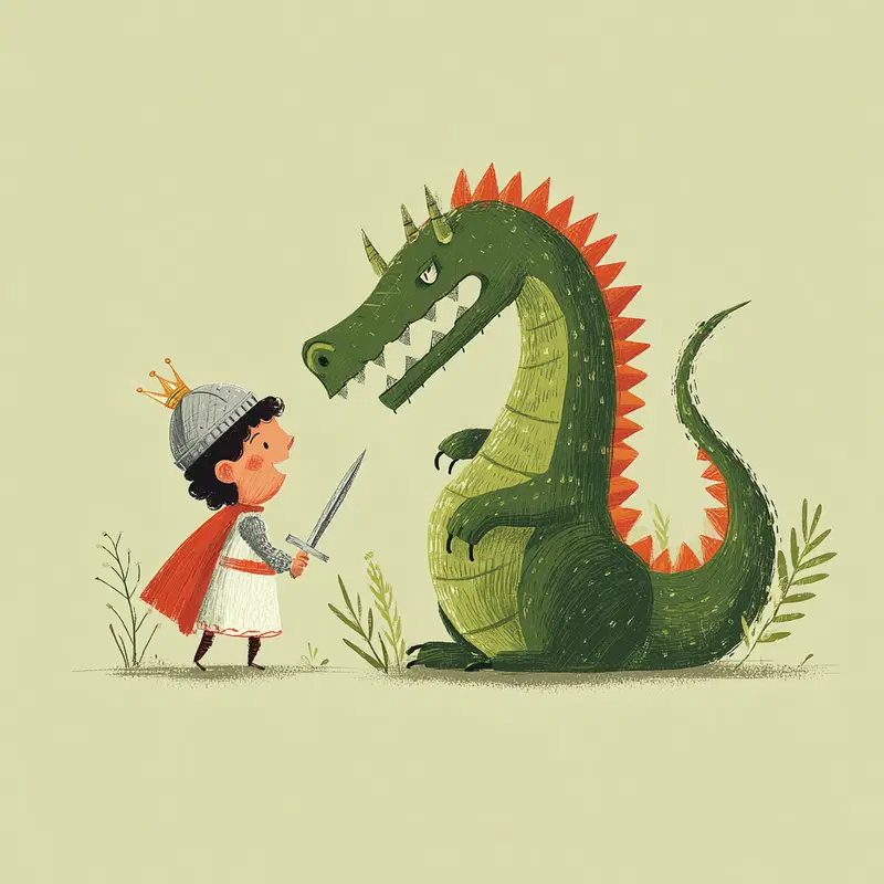 Whimsical illustration of a child knight confronting a friendly dragon