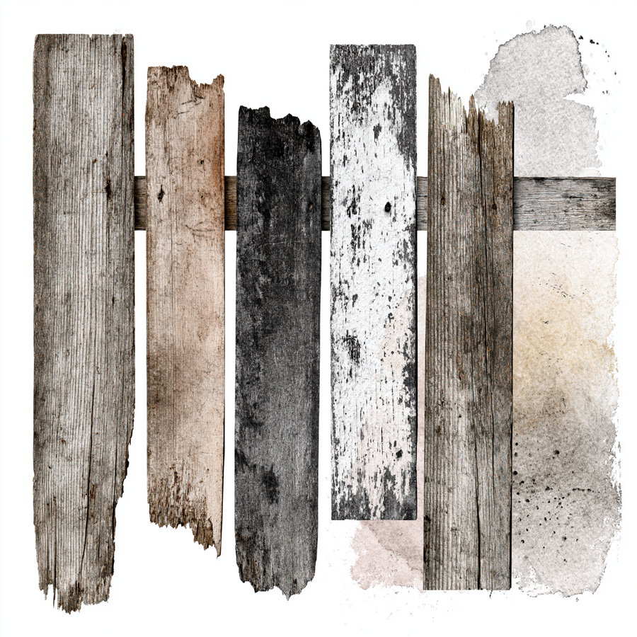 Five weathered wooden planks with aged, chipped paint and textures in gray, black, white, and brown shades