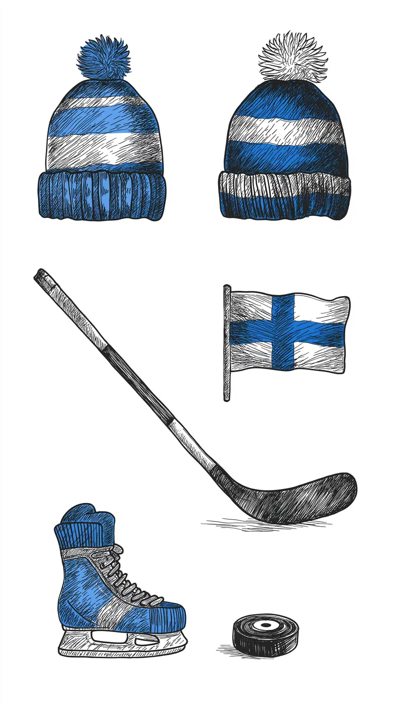 Illustrations of hockey gear and Finnish flag in blue and white colors