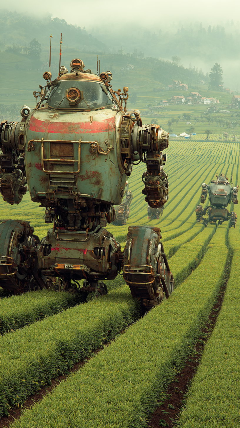 Several large rusty retro-futuristic robots with mechanical limbs walking in lines through a vibrant lush green farm field with distant hills and scattered houses in the misty background.