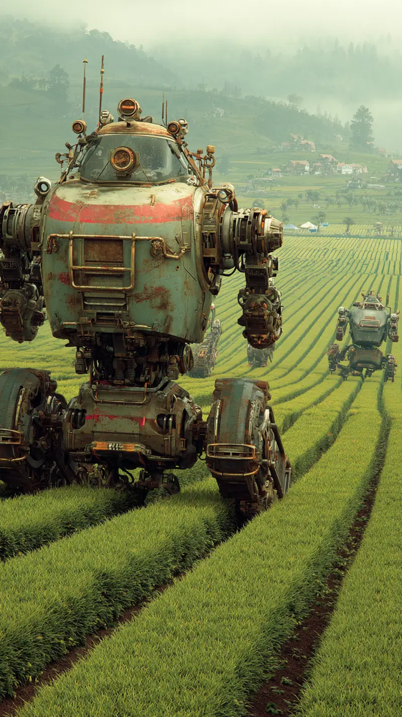 Rustic retro-futuristic robots walking through a lush green farm field