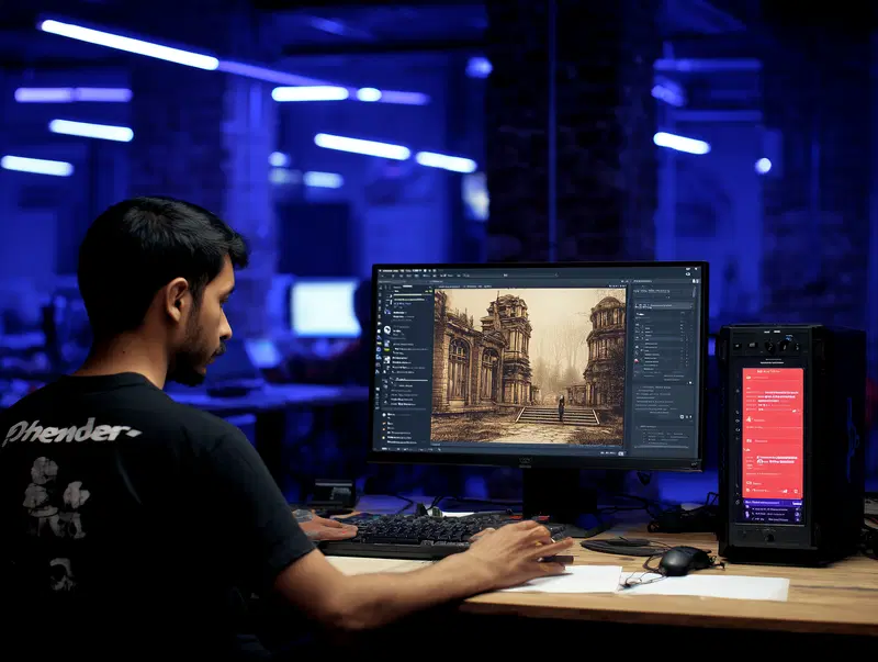 Artist designing detailed architectural digital artwork on a computer