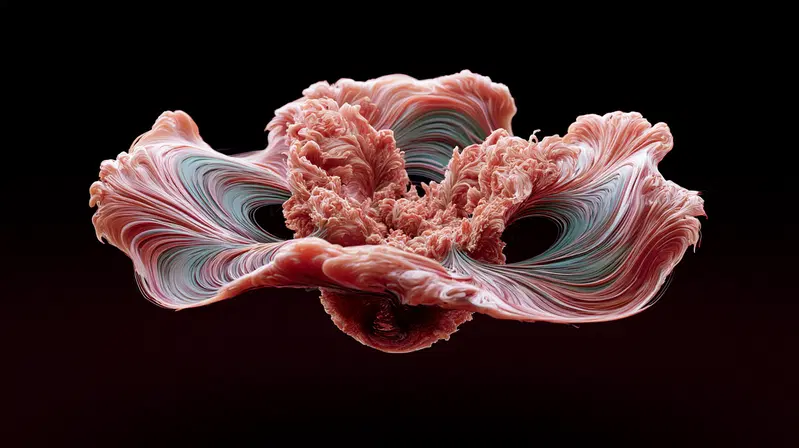 Intricate abstract swirling shapes with red and blue tones on dark background