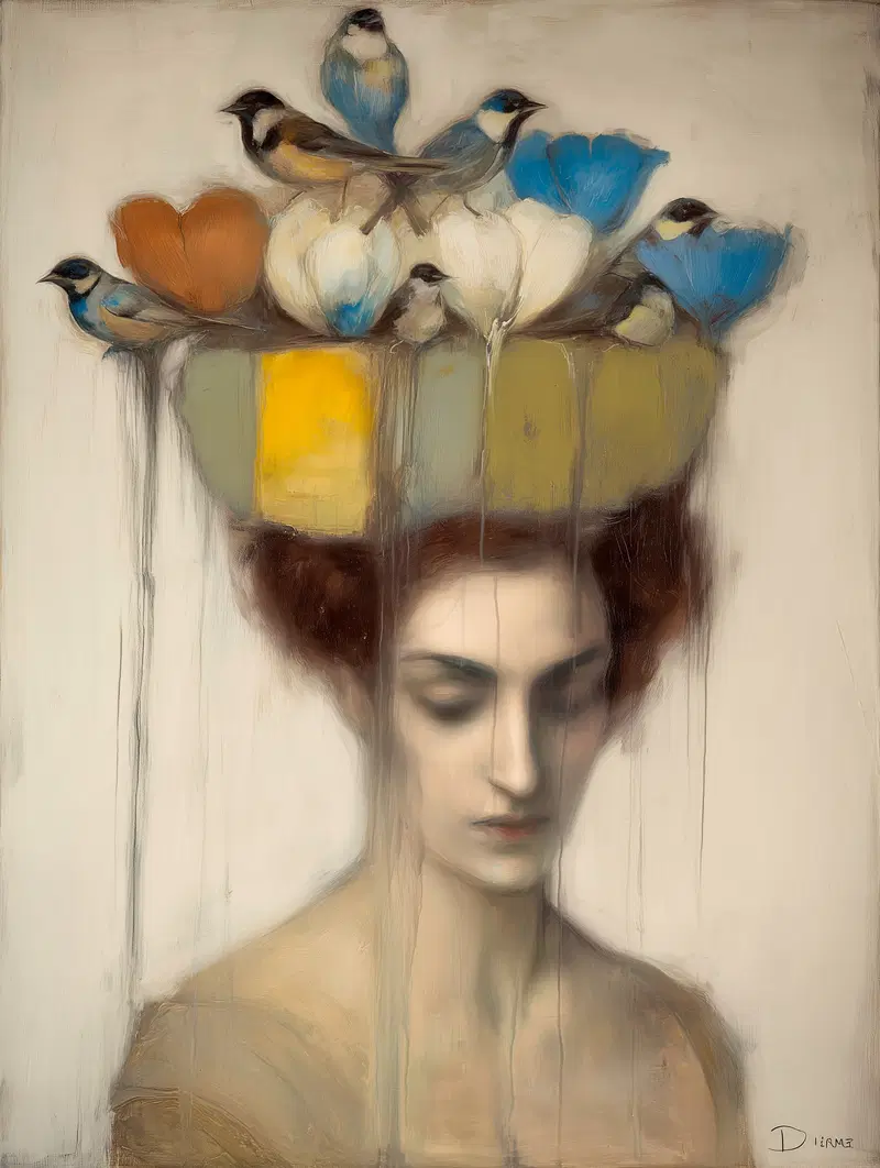 Surreal portrait of a woman with birds and flowers as a headpiece in soft muted colors