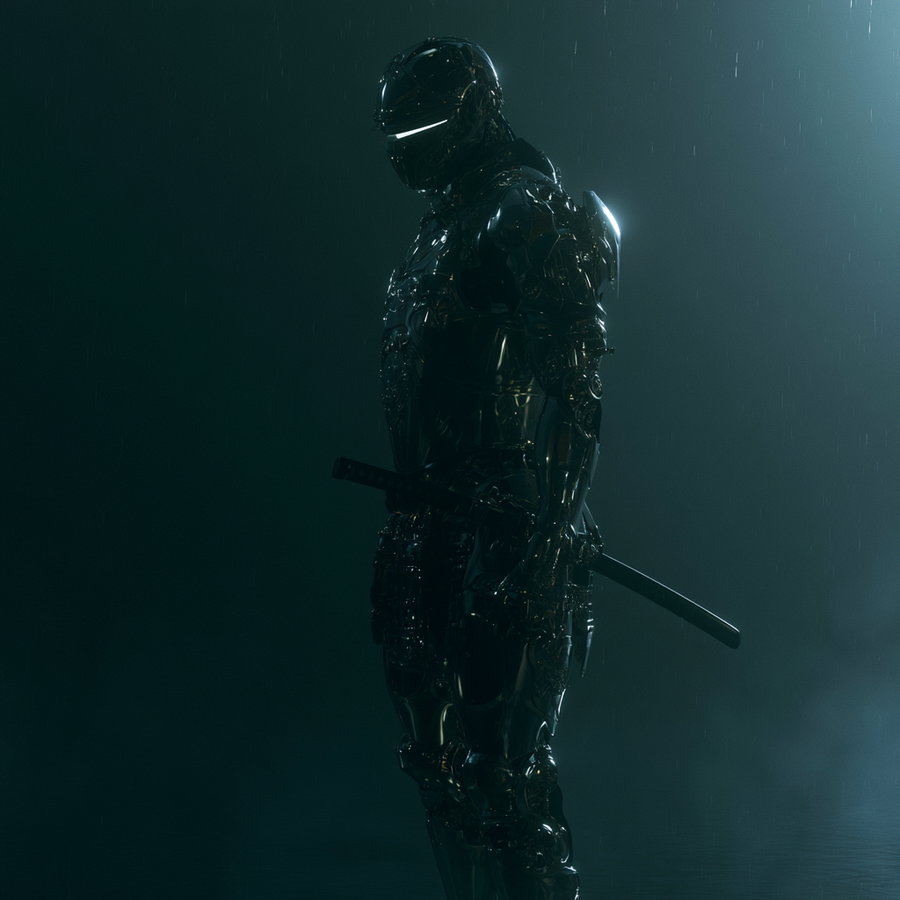 A figure clad in shiny black futuristic armor holding a katana sword stands in a dark, misty environment with rain visible