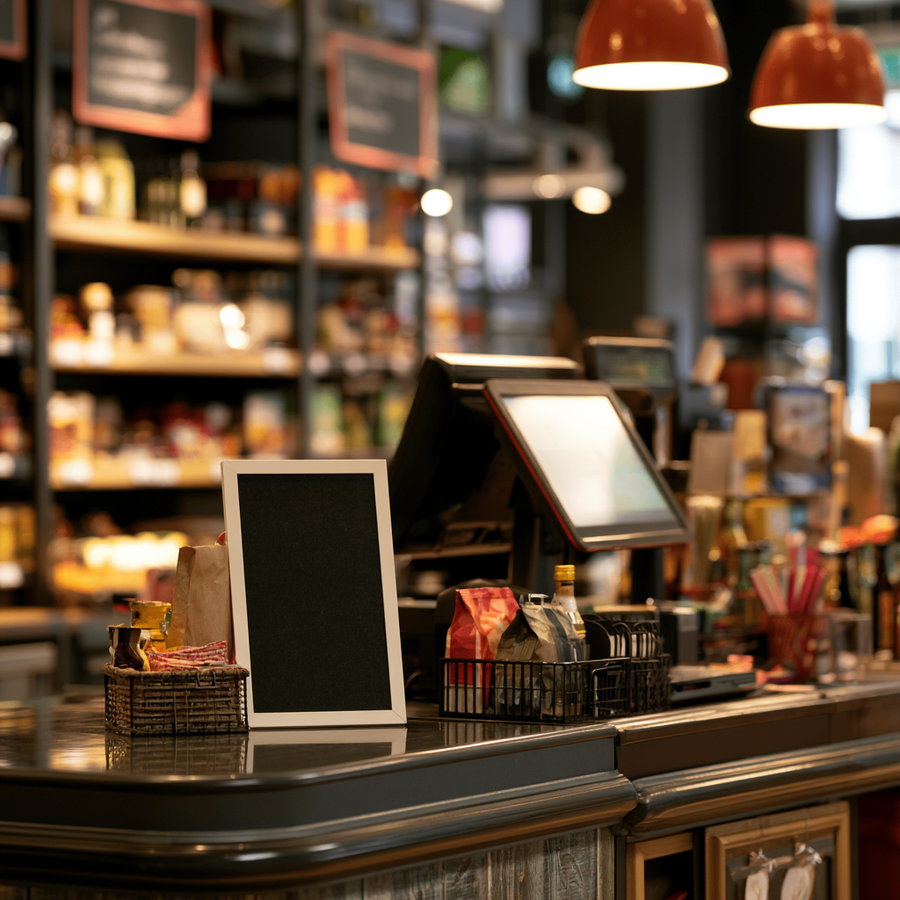 Kitchen counter with a blank blackboard sign, baskets holding snack bags, a monitor, and warm ambient lighting in a cozy kitchen or café setting