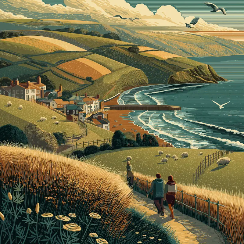 Serene coastal landscape with rolling hills, village, and walking figures by the sea