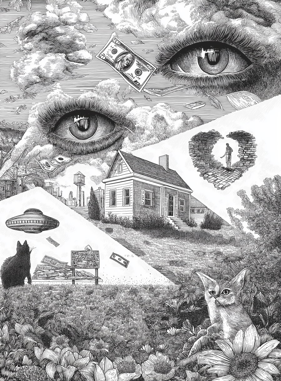 A detailed black and white illustration showing large expressive eyes in the clouds, floating money, a small house, a silhouette figure inside a heart-shaped ruin, a dog looking at a flying saucer, and a cat among flowers.