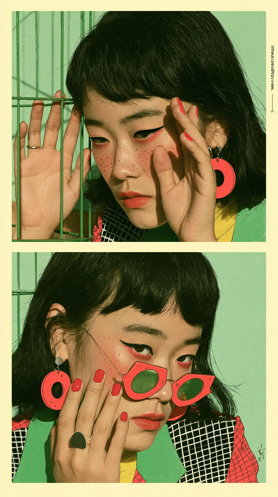 Two portraits of a person with short black hair, bold red eye makeup, red nail polish, and large red earrings; one with hands near face and one wearing red-framed glasses, set against a green background