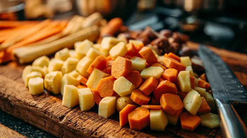 Close-up of chopped root vegetables on a wooden kitchen cutting board