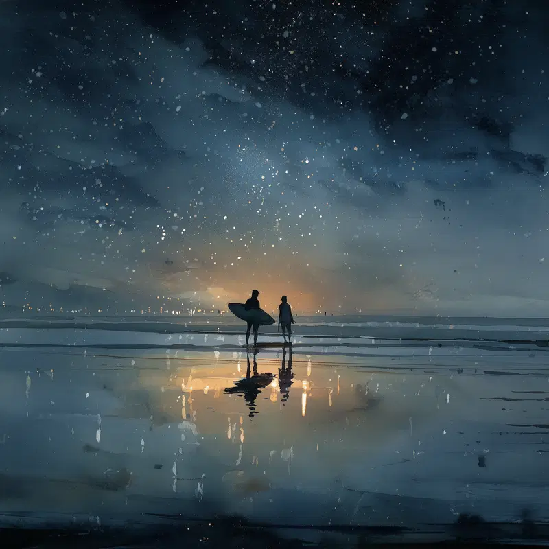 Dreamy atmospheric painting of surfers at sunset with starry sky