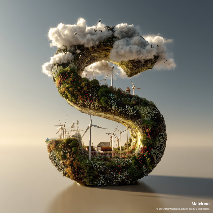A surreal floating island in the shape of the letter S, covered with greenery, flowers, wind turbines, and small houses, set against a soft sky background.