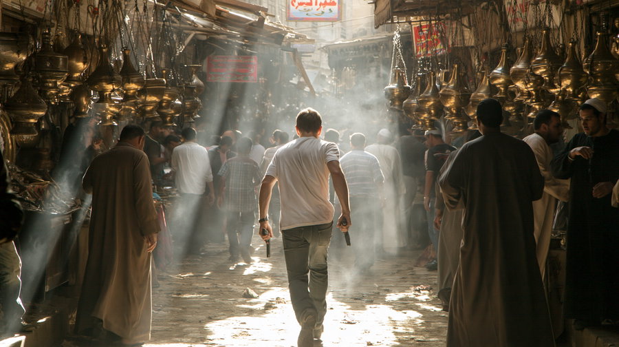 A man walking through a crowded market street with beams of light filtering through smoke, surrounded by hanging brass lamps and people in traditional attire