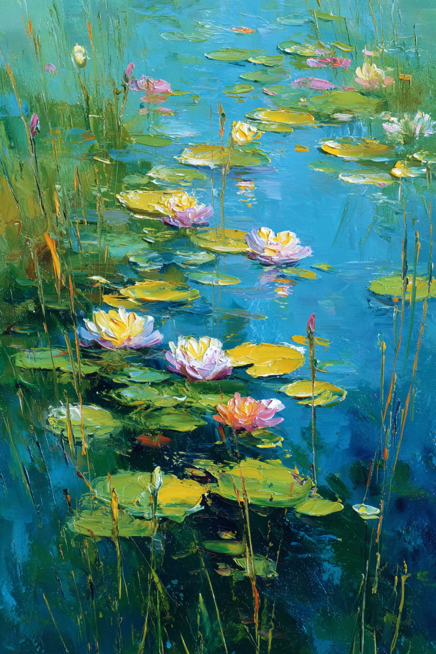 Oil painting depicting water lilies in bloom with green lily pads floating on blue water