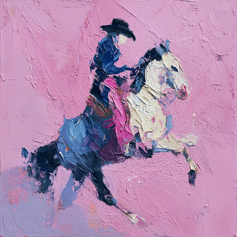Abstract textured oil painting of a rider on a horse with a pink background