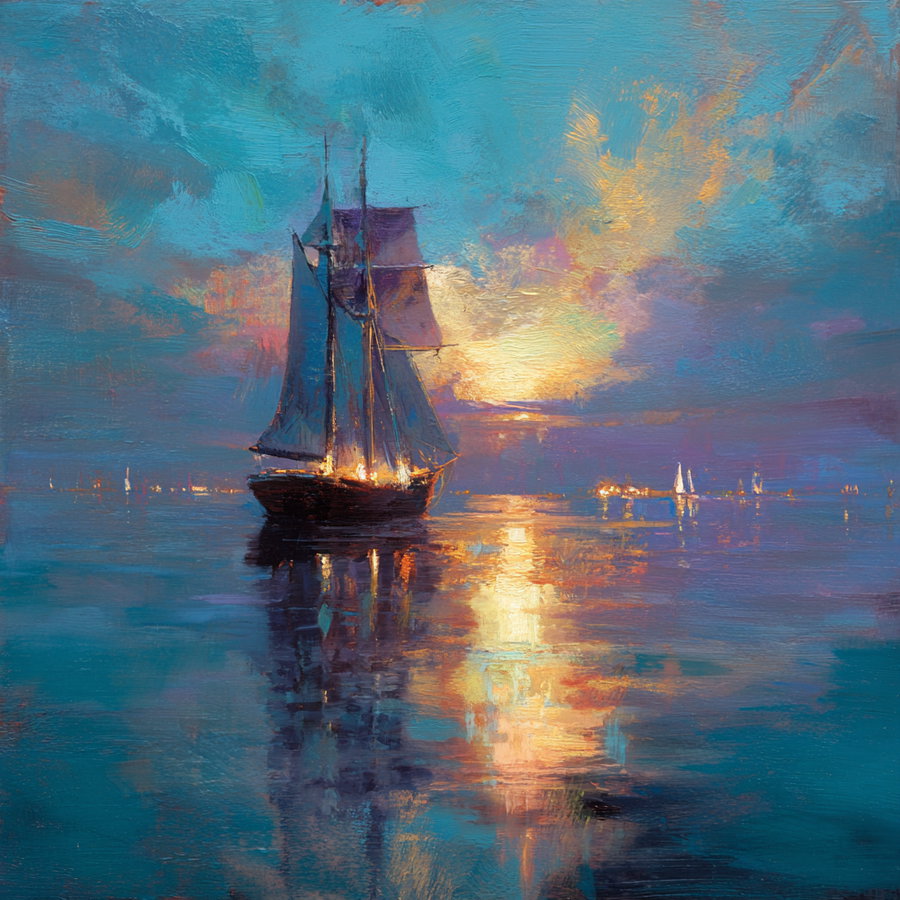 Impressionist style painting of a sailing ship on calm water at sunset with vibrant reflections and other distant sailboats