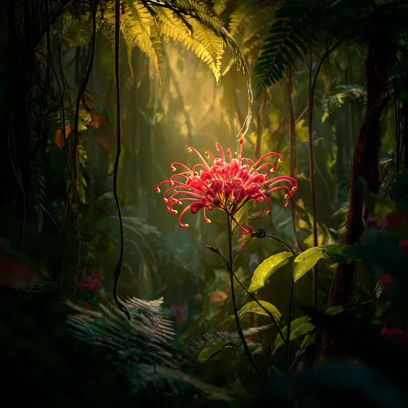 Close-up of a vibrant red flower illuminated in a lush tropical jungle