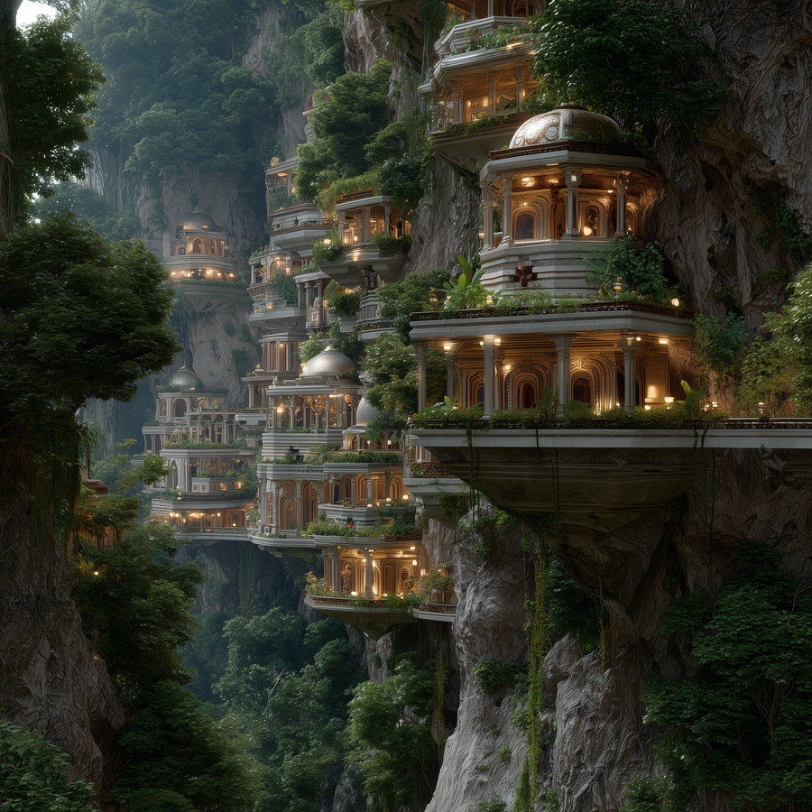 A fantastical scene showing multiple ornate buildings carved into steep cliffs surrounded by dense green forest, illuminated with warm glowing lights at dusk.