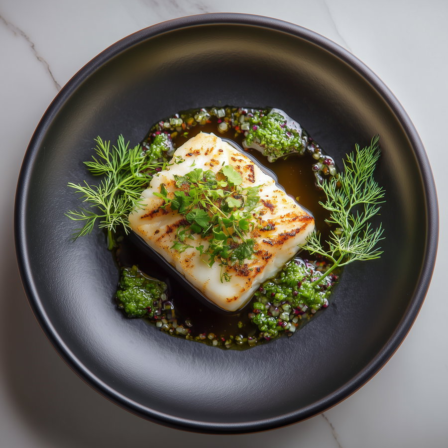 Close-up of a grilled fish fillet garnished with chopped herbs and fresh dill, served in a black bowl with green sauce and an oil-based dressing on a marble surface