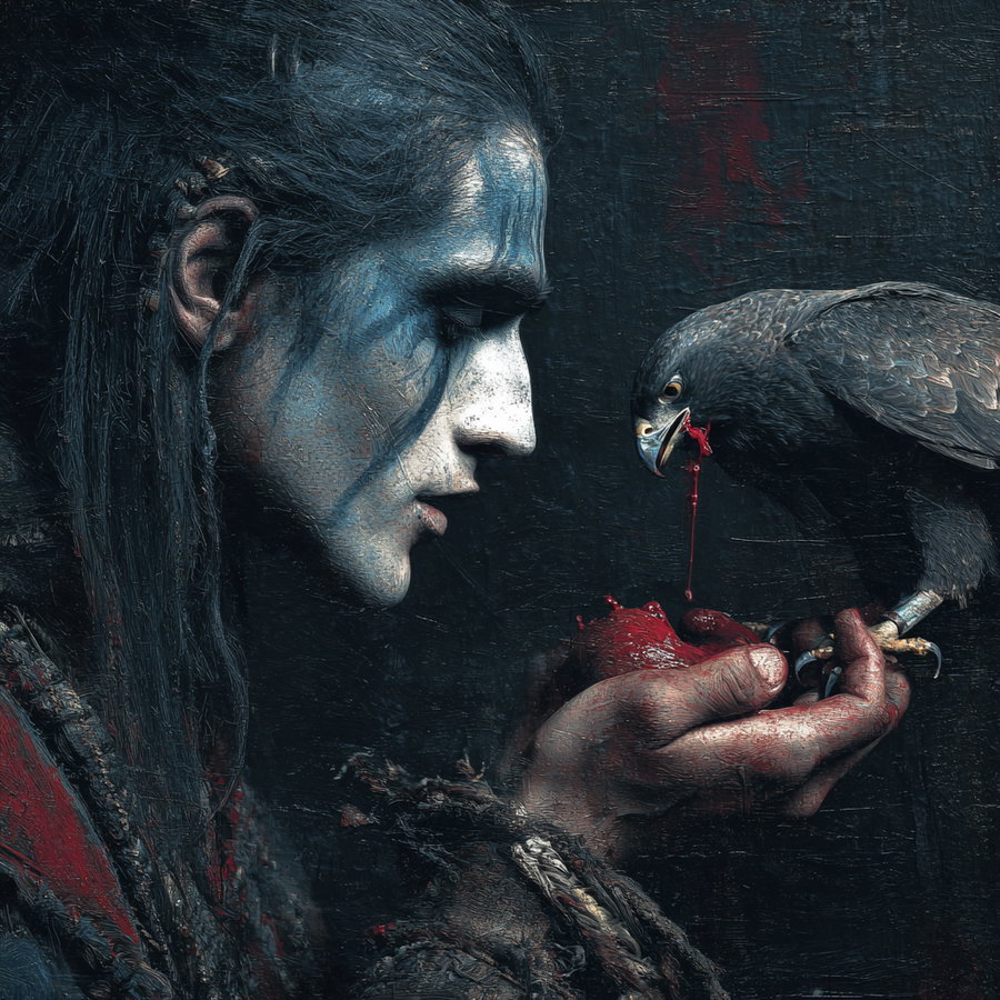 Close-up of a person with blue tribal face paint holding a hawk that is bleeding from its beak, both depicted with dark, textured brushstrokes