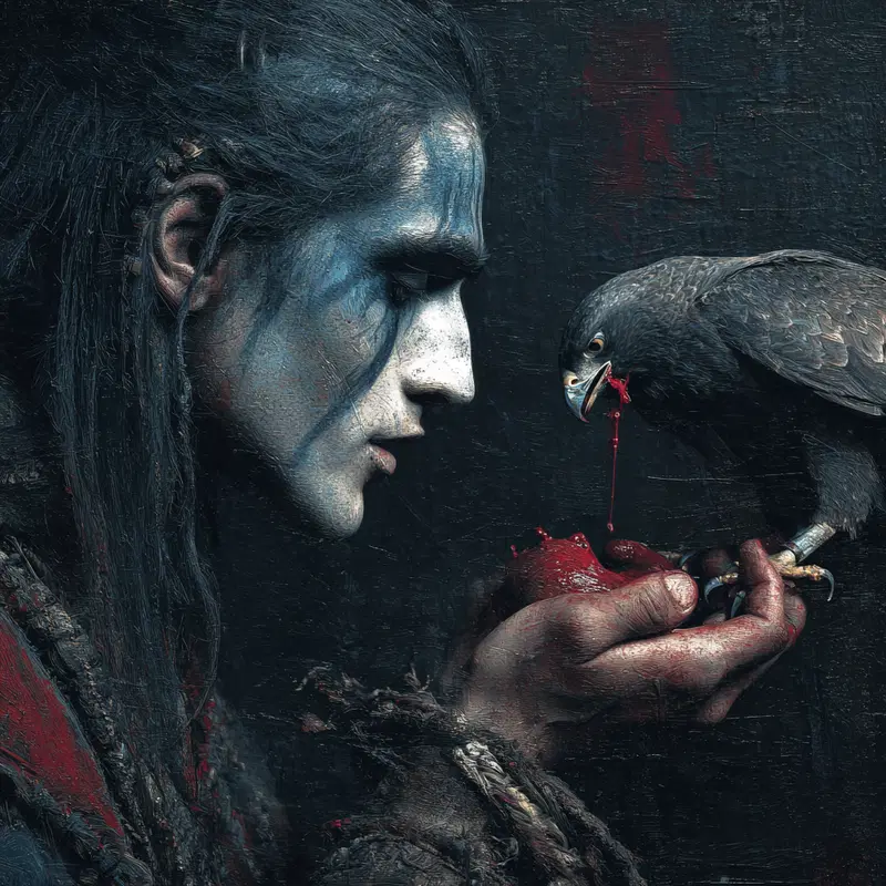 Dark and intense portrait of a person with blue face paint holding a hawk with blood dripping from its beak