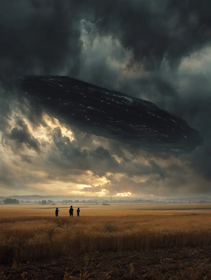 Dark and moody scene with a mysterious large spaceship over wheat field