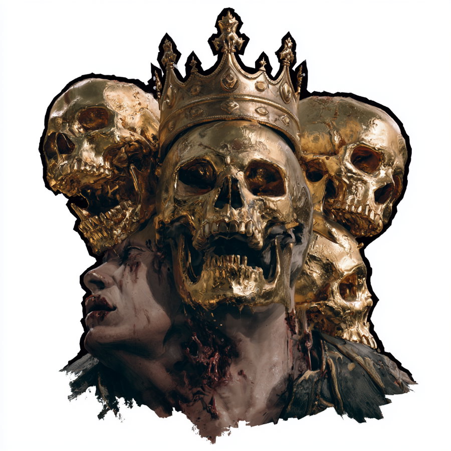 A digital artwork showing multiple golden skulls and a central crowned skull merged with a realistic human neck and shoulders, with dark and eerie tones.