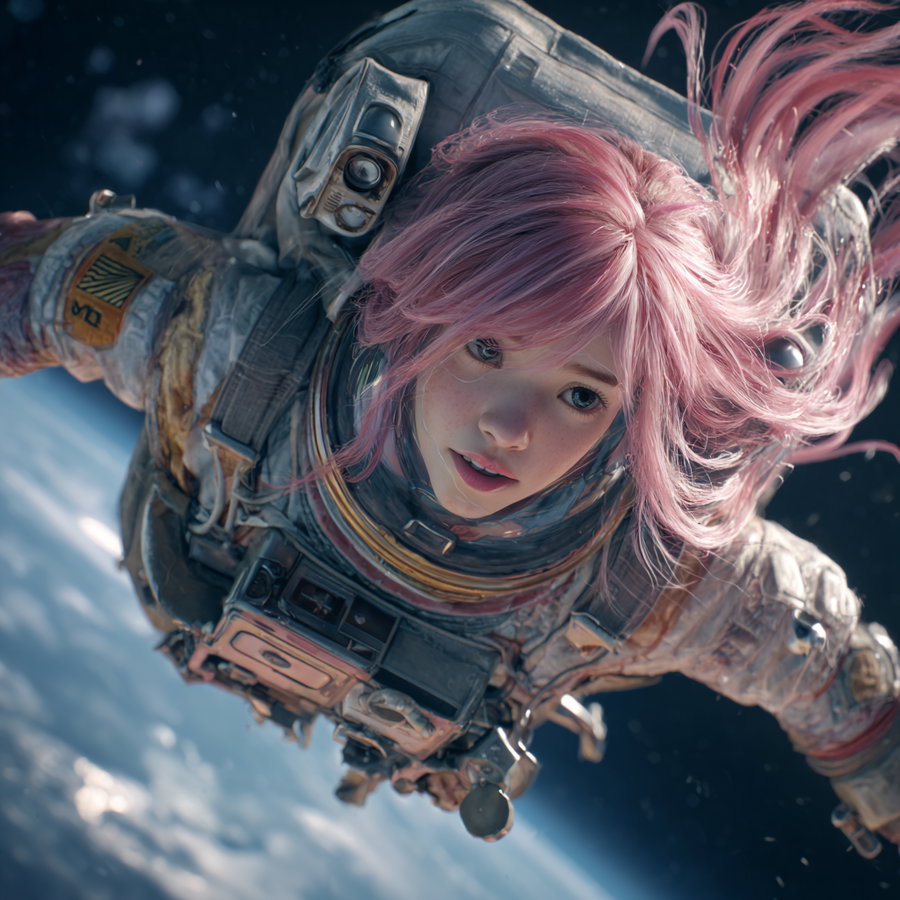 A close-up digital portrait of a young astronaut with flowing pink hair, wearing a detailed space suit, floating above Earth with a deep space background.