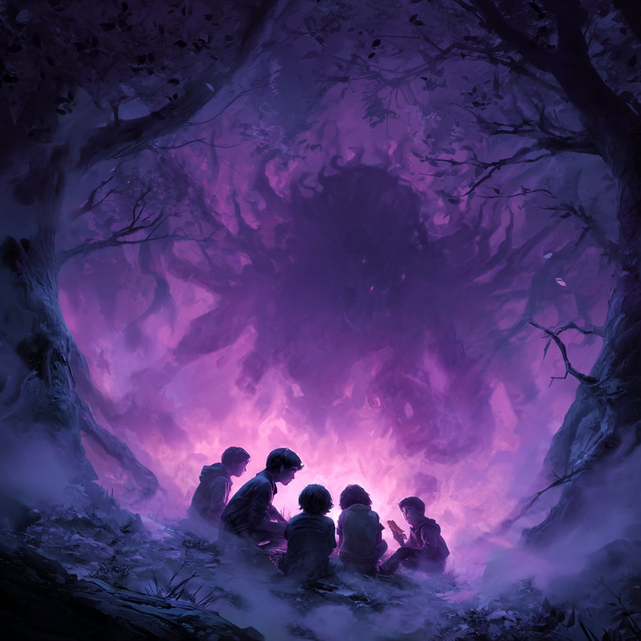 Five children sitting near the ground in a dark, misty forest with glowing purple light forming a large shadowy figure behind them