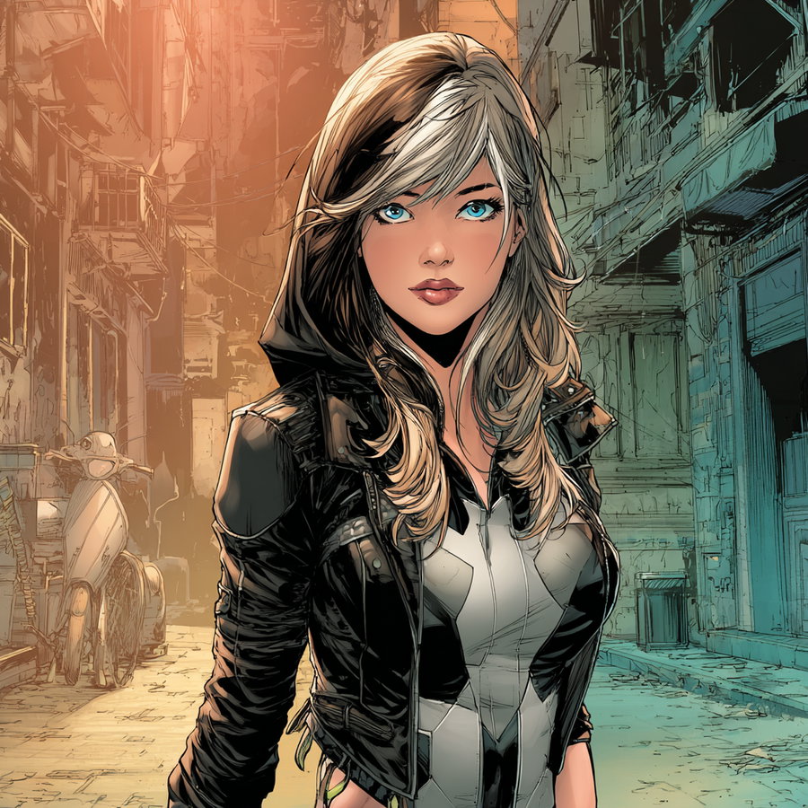 Digital illustration of a young woman with blonde hair and blue eyes wearing a black and white hooded jacket standing in an alley with detailed buildings and a scooter in the background
