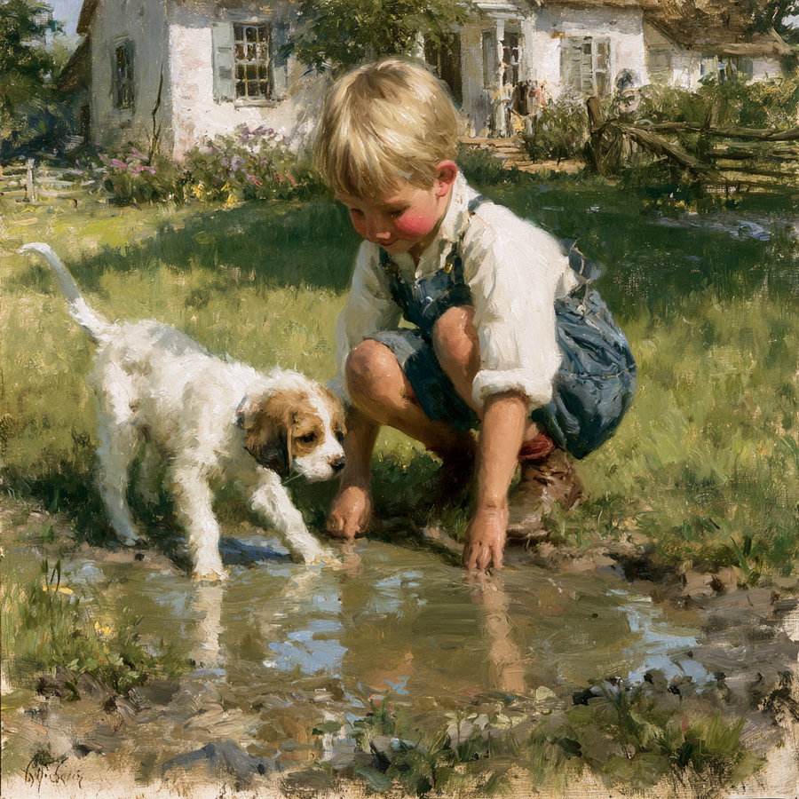 A classic European style painting featuring a young boy in overalls crouching near a puddle with a puppy beside him, a rustic house and greenery in the background.