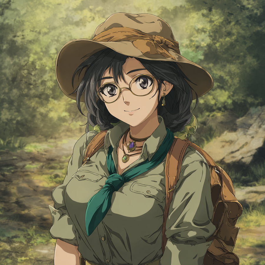 Anime-style drawing of a young woman wearing glasses, a wide-brimmed hat, green shirt with rolled sleeves, and a backpack standing against a blurred forest path background